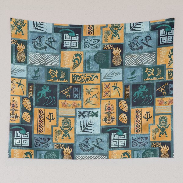 Item preview, Vintage Samoan - Hawaiian Blue And Gold Painted Tapa Tribal Patchwork 2058 designed and sold by sunnthreads.