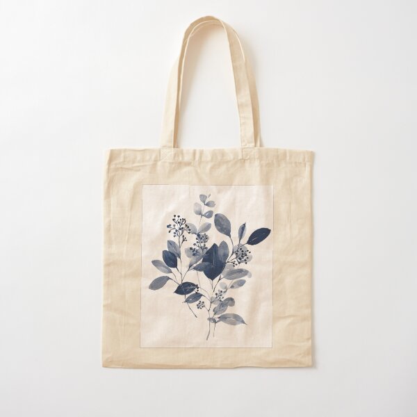Navy Blue Watercolor Eucalyptus Leaves Cotton Tote Bag