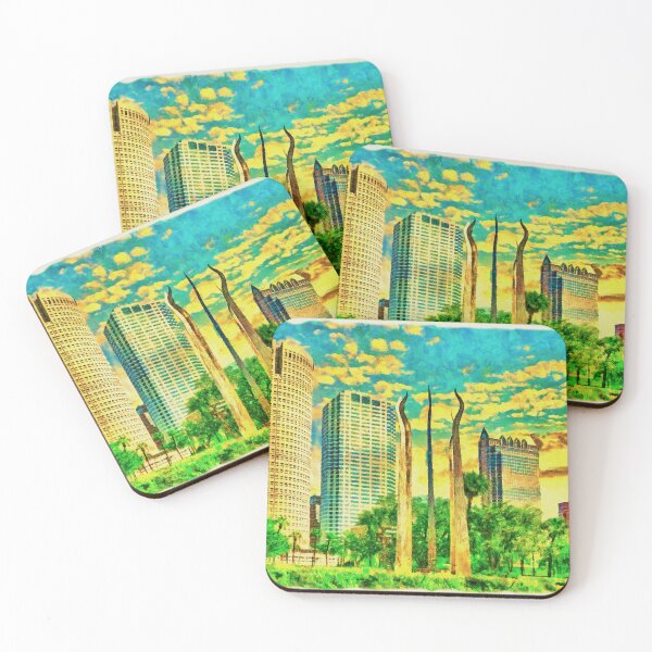 Item preview, Skyscrapers of Downtown Tampa and the Sticks of Fire sculpture seen from the Plant Park at sunrise designed and sold by NickoPrints.