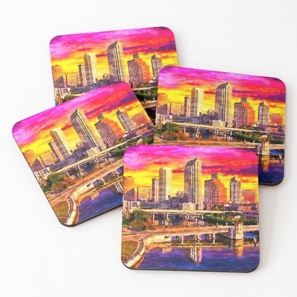 Item preview, Platt Street Bridge and Brorein Street Bridge in downtown Tampa at sunrise - oil painting designed and sold by NickoPrints.