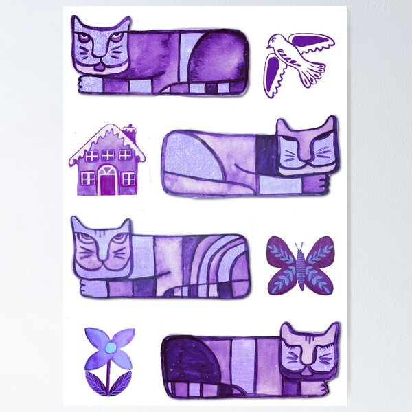 Cat art with doves and flowers in violet and purple or lilac Poster