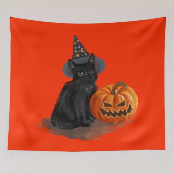 Item preview, cute black cat with gray hat and pumpkin designed and sold by Tshirtk.