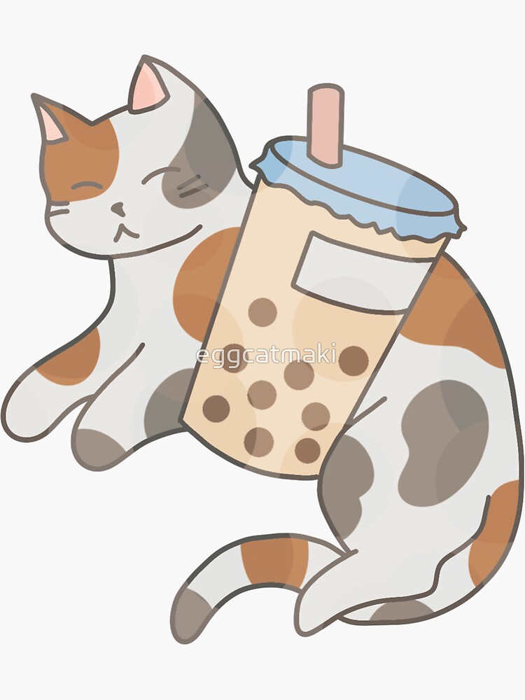 "Calico Cat with Bubble Tea" Sticker by eggcatmaki Redbubble