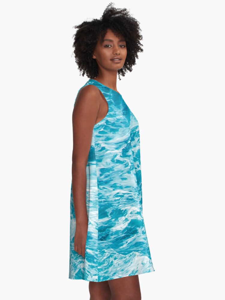 Alternate view of Luxurious Aqua Blue Foamy Ocean Waves Art Photo A-Line Dress