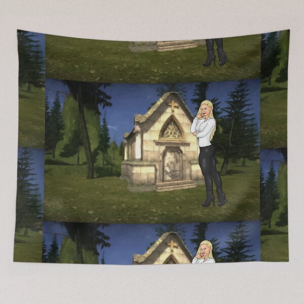 Artikelvorschau, blondes Pin-Up im eleganten Outfit vor einem Mausoleum entworfen und verkauft von PinUpsandPulp.