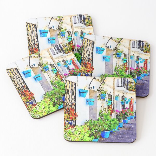 Item preview, Blue plantpots line a street in Mijas Pueblo, Andalusia, Spain designed and sold by Kevin Hellon.