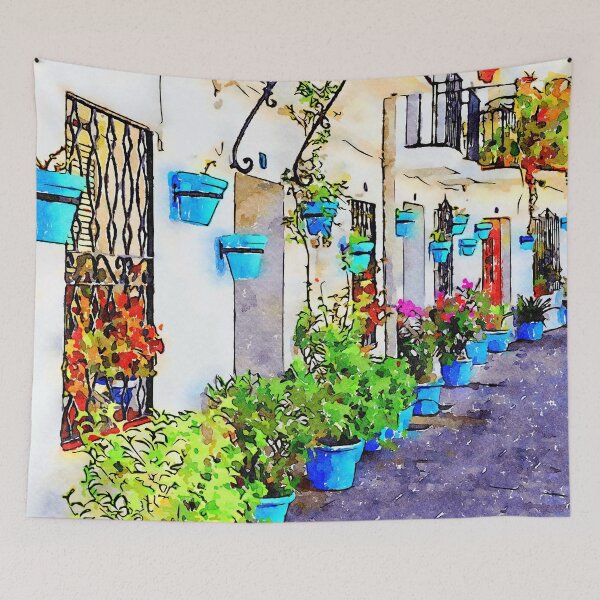 Item preview, Blue plantpots line a street in Mijas Pueblo, Andalusia, Spain designed and sold by Kevin Hellon.