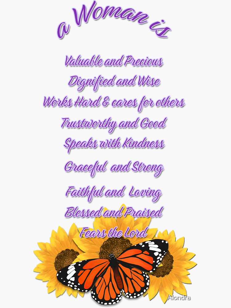 "A Woman Is Description of a woman from Proverbs 31" Sticker by