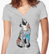 Cat in Lotus Tattoo Women's Fitted V-Neck T-Shirt