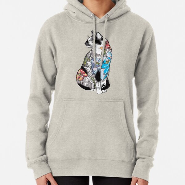 Cat in Lotus Tattoo Pullover Hoodie