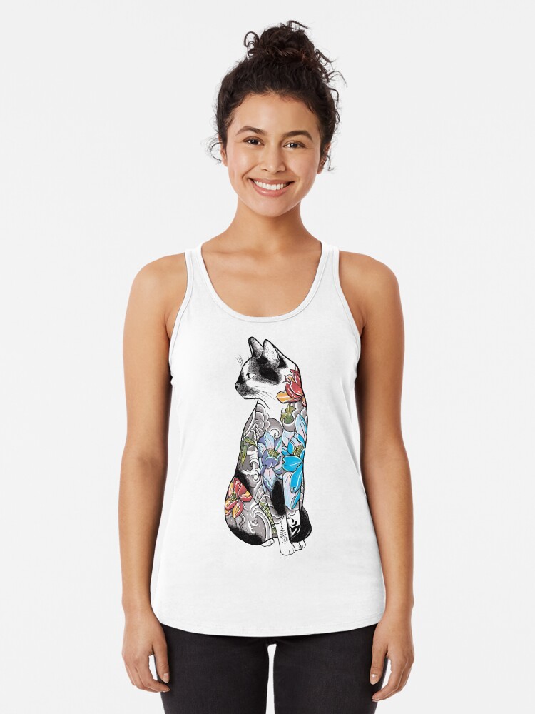 Thumbnail 1 of 3, Racerback Tank Top, Cat in Lotus Tattoo designed and sold by runcatrun.