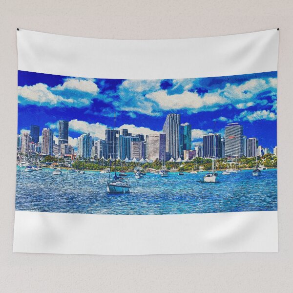 Item preview, Panorama of downtown Miami seen from the Atlantic Ocean - impressionist painting designed and sold by NickoPrints.