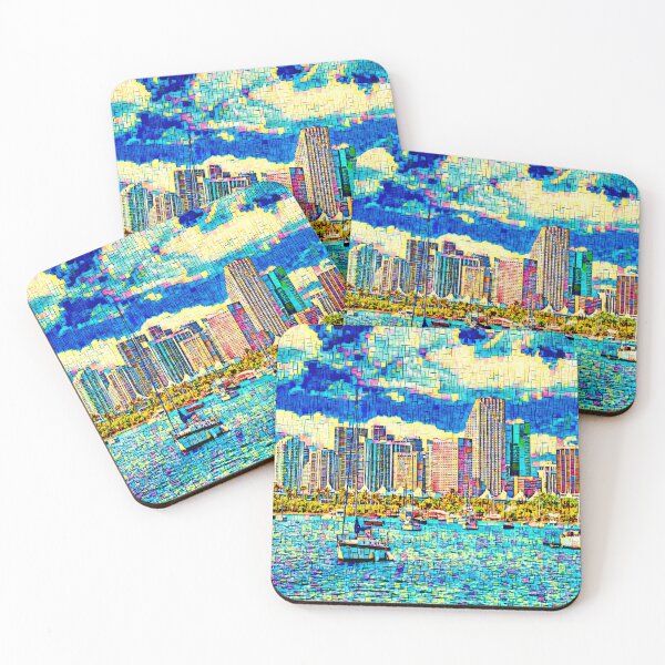 Item preview, Panorama of downtown Miami seen from the Atlantic Ocean - colorful painting designed and sold by NickoPrints.