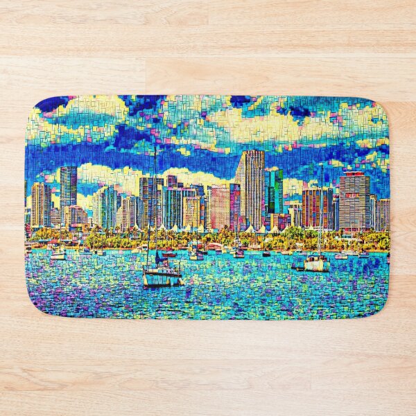 Item preview, Panorama of downtown Miami seen from the Atlantic Ocean - colorful painting designed and sold by NickoPrints.