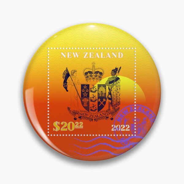 Item preview, Sample of a postage stamp with wavy stripes. Coat of arms made of strokes against the sunset. Purple seal with Maori inscription New Zealand designed and sold by GAleksS.
