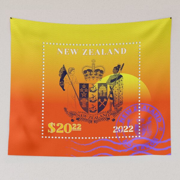 Item preview, Sample of a postage stamp with wavy stripes. Coat of arms made of strokes against the sunset. Purple seal with Maori inscription New Zealand designed and sold by GAleksS.