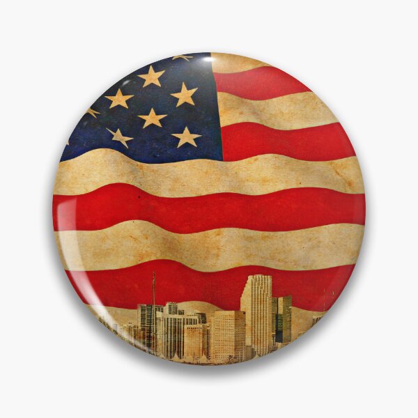 Item preview, Downtown Miami skyline blended with the US flag waving on old paper texture designed and sold by NickoPrints.