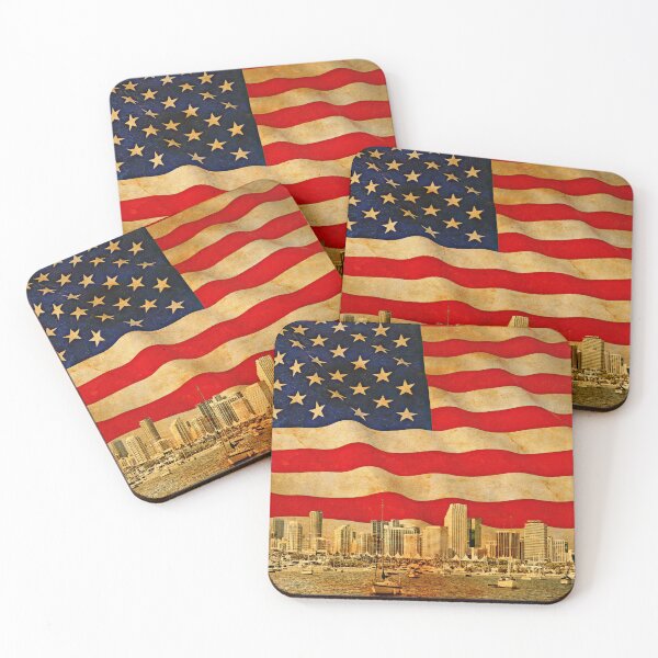 Item preview, Downtown Miami skyline blended with the US flag waving on old paper texture designed and sold by NickoPrints.