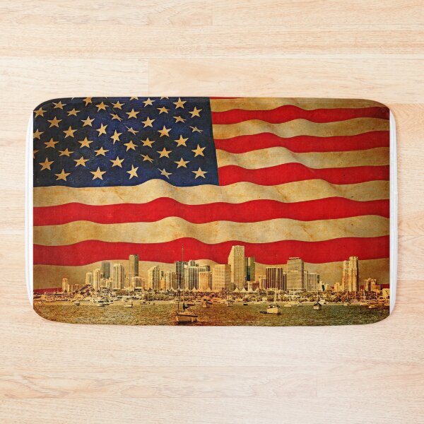 Item preview, Downtown Miami skyline blended with the US flag waving on old paper texture designed and sold by NickoPrints.