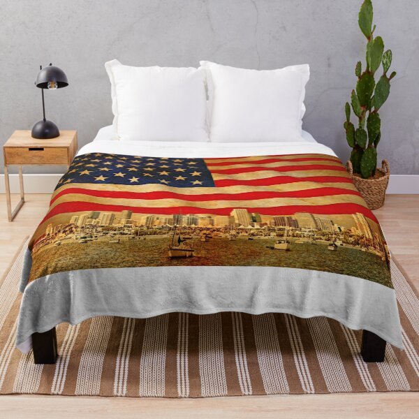 Item preview, Downtown Miami skyline blended with the US flag waving on old paper texture designed and sold by NickoPrints.