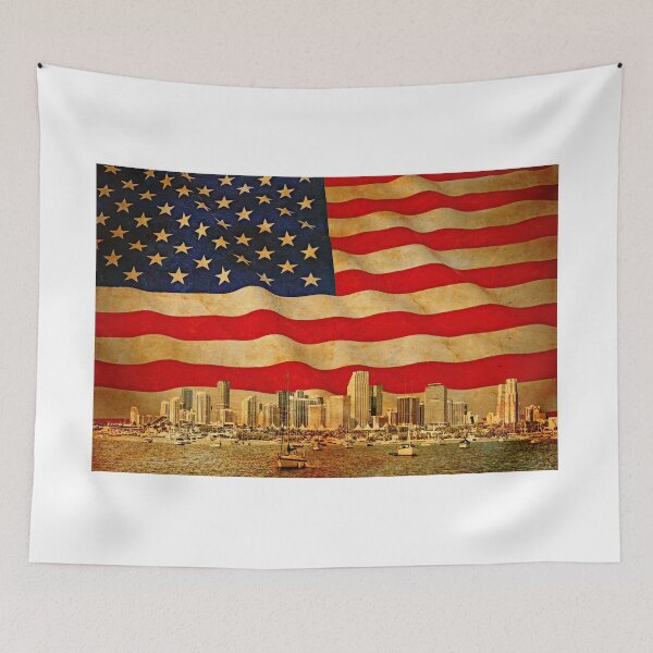Item preview, Downtown Miami skyline blended with the US flag waving on old paper texture designed and sold by NickoPrints.