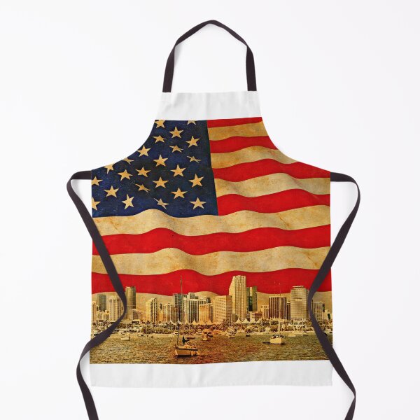 Item preview, Downtown Miami skyline blended with the US flag waving on old paper texture designed and sold by NickoPrints.