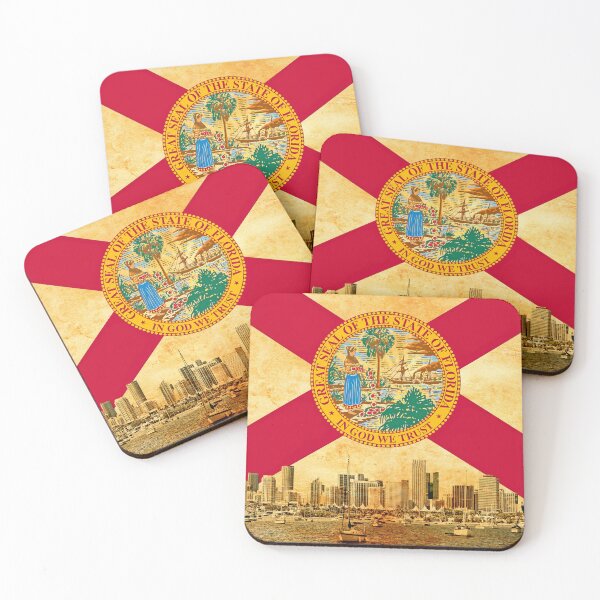 Item preview, Downtown Miami skyline blended with the Florida flag and printed on old paper texture designed and sold by NickoPrints.