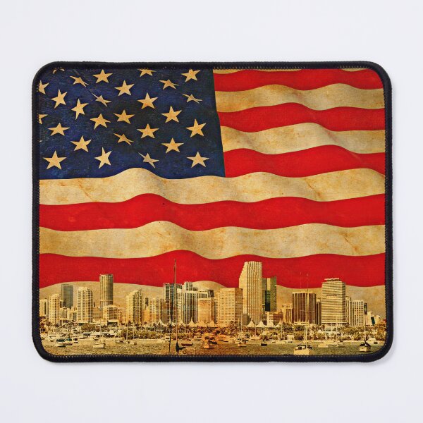 Item preview, Downtown Miami skyline blended with the US flag waving on old paper texture designed and sold by NickoPrints.