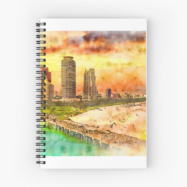 Item preview, Miami Beach seen from the South Pointe Park Pier at sunset - pen and watercolor designed and sold by NickoPrints.