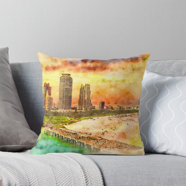 Item preview, Miami Beach seen from the South Pointe Park Pier at sunset - pen and watercolor designed and sold by NickoPrints.