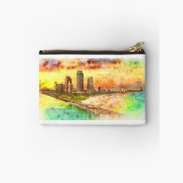 Item preview, Miami Beach seen from the South Pointe Park Pier at sunset - pen and watercolor designed and sold by NickoPrints.
