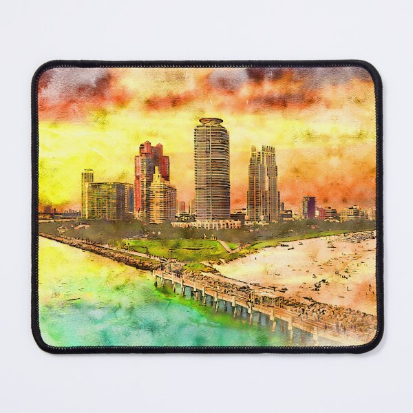 Item preview, Miami Beach seen from the South Pointe Park Pier at sunset - pen and watercolor designed and sold by NickoPrints.
