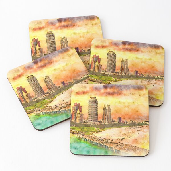 Item preview, Miami Beach seen from the South Pointe Park Pier at sunset - pen and watercolor designed and sold by NickoPrints.