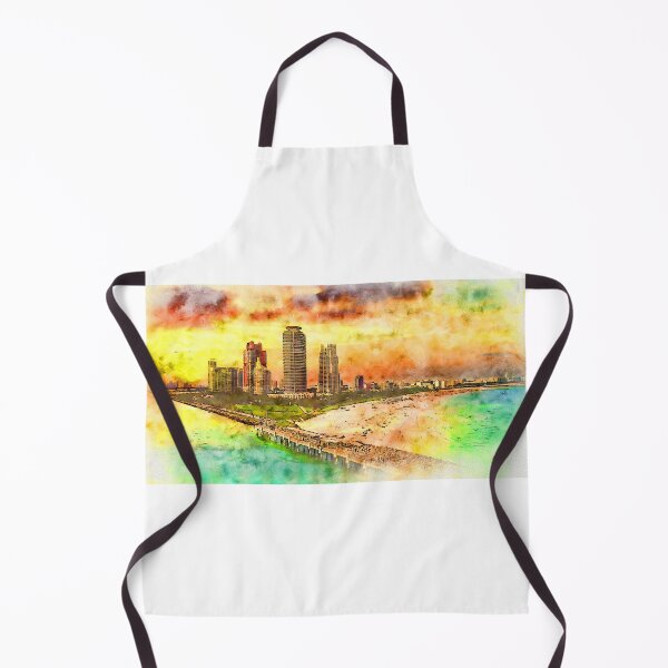 Item preview, Miami Beach seen from the South Pointe Park Pier at sunset - pen and watercolor designed and sold by NickoPrints.