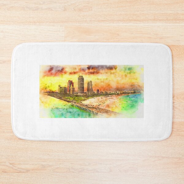 Item preview, Miami Beach seen from the South Pointe Park Pier at sunset - pen and watercolor designed and sold by NickoPrints.