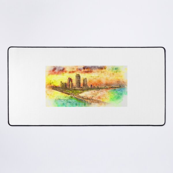 Item preview, Miami Beach seen from the South Pointe Park Pier at sunset - pen and watercolor designed and sold by NickoPrints.