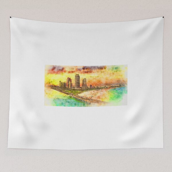 Item preview, Miami Beach seen from the South Pointe Park Pier at sunset - pen and watercolor designed and sold by NickoPrints.