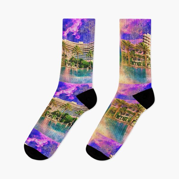 Item preview, Fontainebleau Miami Beach seen from the swimming pool at sunset - digital painting designed and sold by NickoPrints.