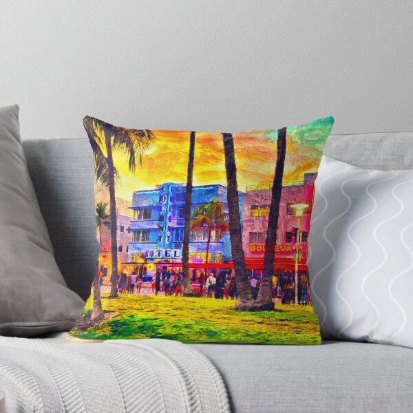 Item preview, Ocean Drive near the Colony Hotel in Miami Beach at sunset - impasto oil painting designed and sold by NickoPrints.