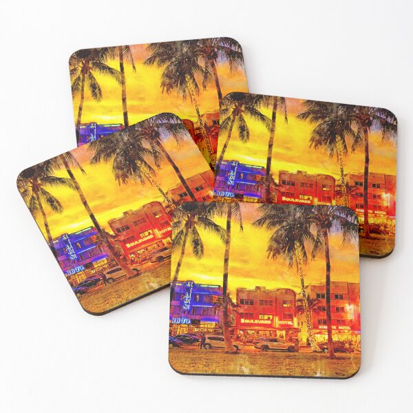 Item preview, Ocean Drive with the palm trees and the art deco hotels in Miami Beach at sunset - watercolor ink designed and sold by NickoPrints.