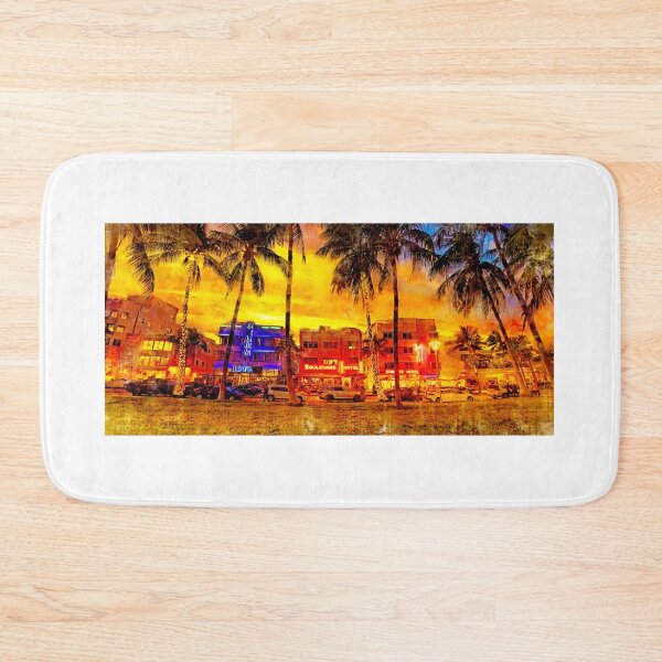 Item preview, Ocean Drive with the palm trees and the art deco hotels in Miami Beach at sunset - watercolor ink designed and sold by NickoPrints.