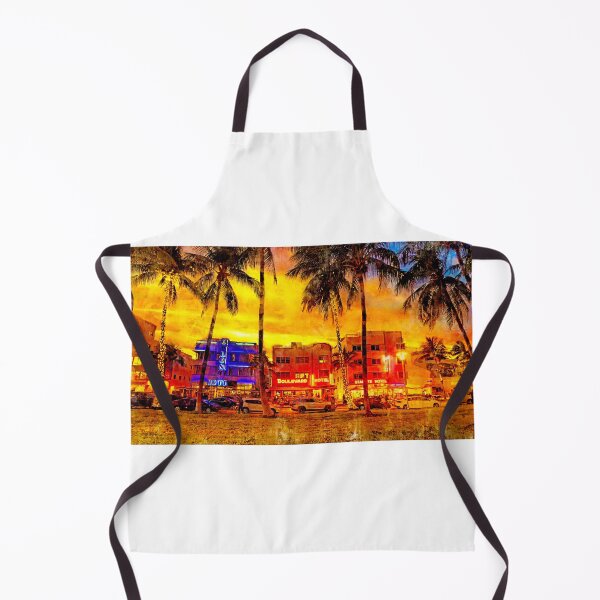 Item preview, Ocean Drive with the palm trees and the art deco hotels in Miami Beach at sunset - watercolor ink designed and sold by NickoPrints.