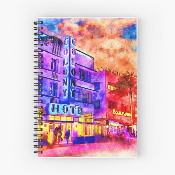 Item preview, Colony Hotel and Boulevard Hotel on the Ocean Drive in Miami Beach at sunset - pen and watercolor designed and sold by NickoPrints.