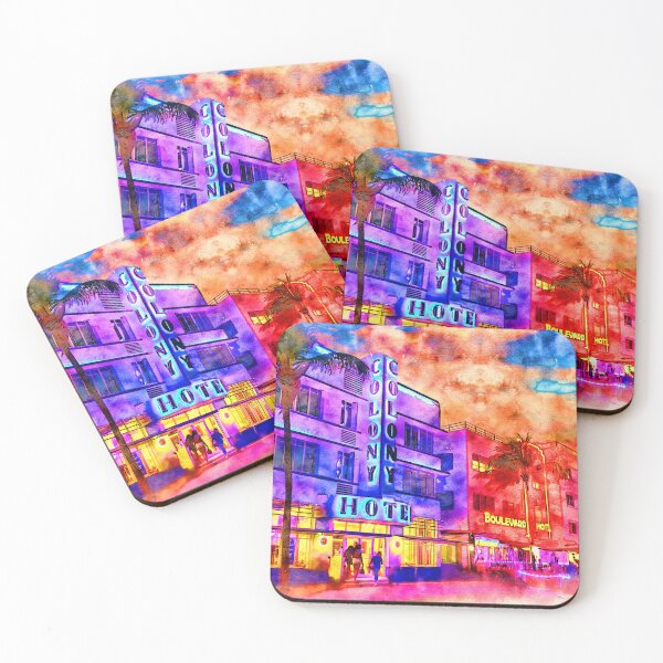 Item preview, Colony Hotel and Boulevard Hotel on the Ocean Drive in Miami Beach at sunset - pen and watercolor designed and sold by NickoPrints.
