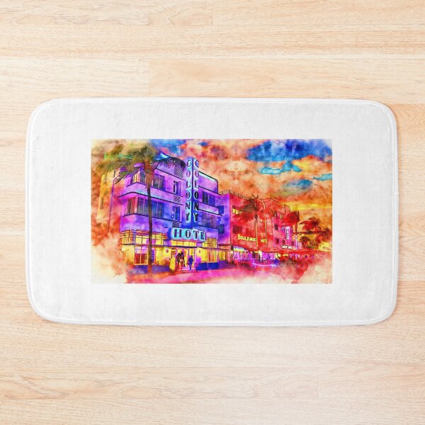 Item preview, Colony Hotel and Boulevard Hotel on the Ocean Drive in Miami Beach at sunset - pen and watercolor designed and sold by NickoPrints.
