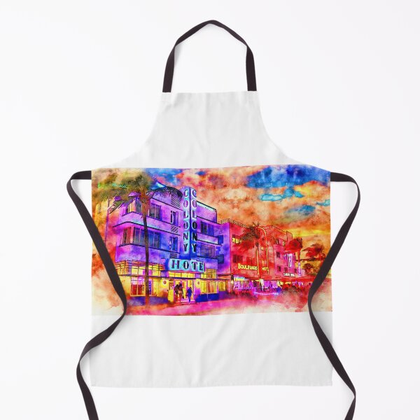 Item preview, Colony Hotel and Boulevard Hotel on the Ocean Drive in Miami Beach at sunset - pen and watercolor designed and sold by NickoPrints.