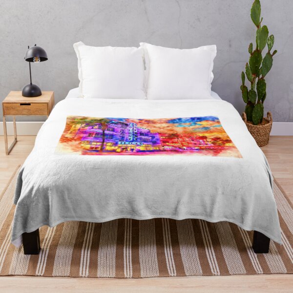Item preview, Colony Hotel and Boulevard Hotel on the Ocean Drive in Miami Beach at sunset - pen and watercolor designed and sold by NickoPrints.