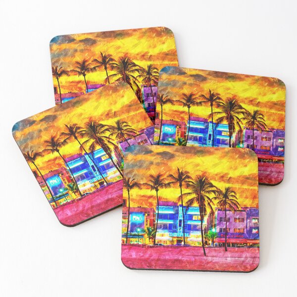 Item preview, Ocean Drive with the palm trees and the art deco hotels in Miami Beach at sunset - oil painting designed and sold by NickoPrints.