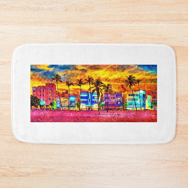 Item preview, Ocean Drive with the palm trees and the art deco hotels in Miami Beach at sunset - oil painting designed and sold by NickoPrints.