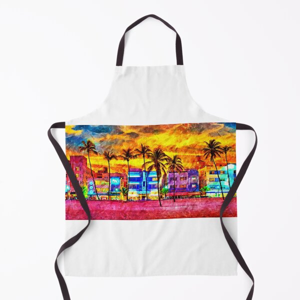 Item preview, Ocean Drive with the palm trees and the art deco hotels in Miami Beach at sunset - oil painting designed and sold by NickoPrints.